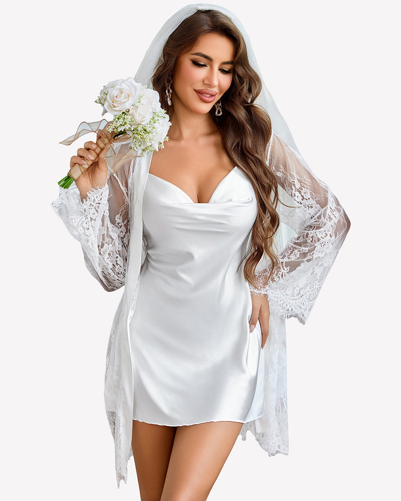 Cowl Neck Satin Nightgowns with Lace Robe