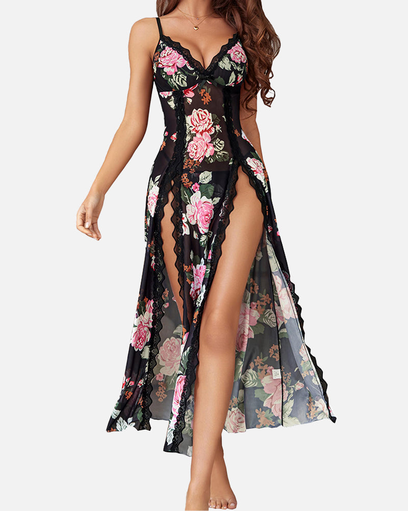 Floral Lace Mesh Babydoll Nightdress
