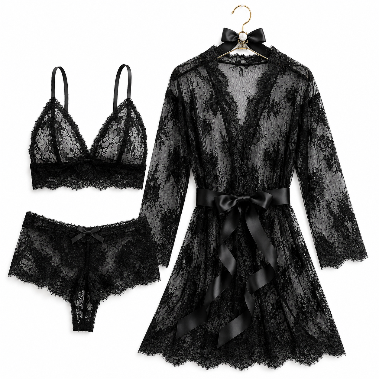 3-Piece Lace Babydoll & Robe Lingerie Set