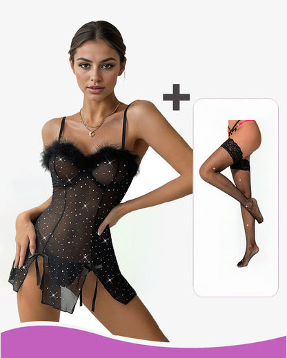 Diamond See-Through Elastic Slit Dress Set