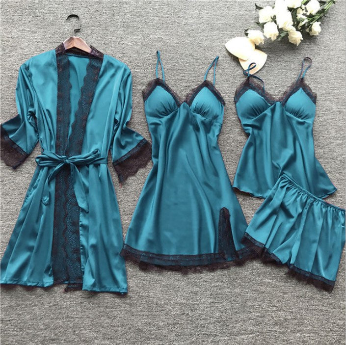 Luna Pearl Satin 4-Piece Sleepwear Set
