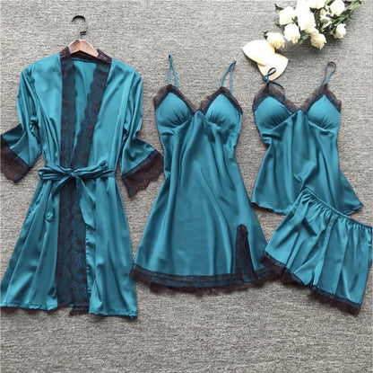 Luna Pearl Satin 4-Piece Sleepwear Set