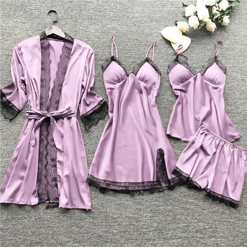 Luna Pearl Satin 4-Piece Sleepwear Set