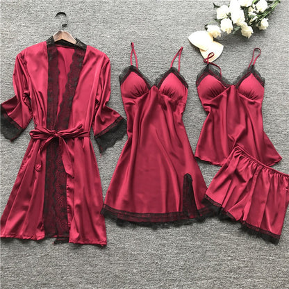 Luna Pearl Satin 4-Piece Sleepwear Set