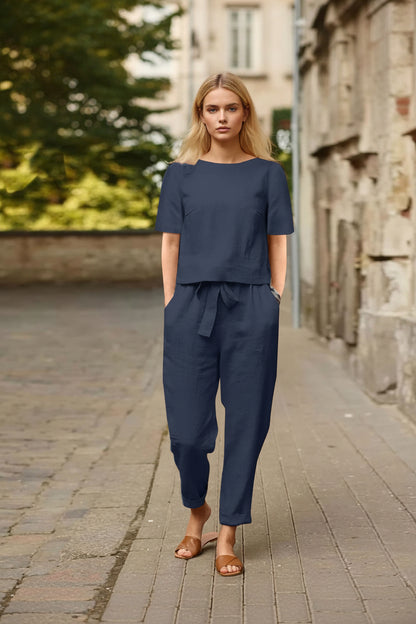 Women Cotton Linen Summer Set – Oversized Top & Wide Leg Pant