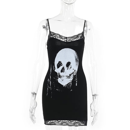 Black Skull Lace Bodycon Mini Dress
