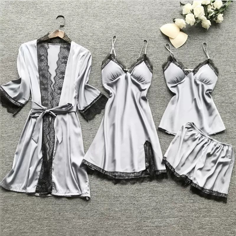 Luna Pearl Satin 4-Piece Sleepwear Set