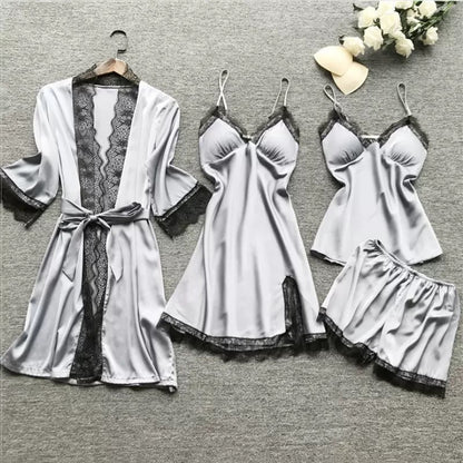 Luna Pearl Satin 4-Piece Sleepwear Set