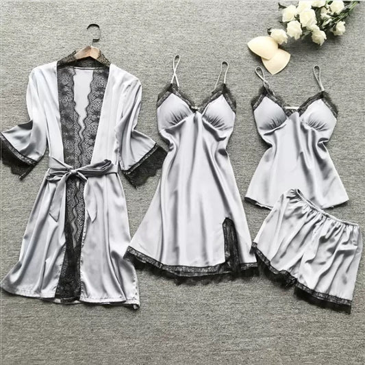 Luna Pearl Satin 4-Piece Sleepwear Set