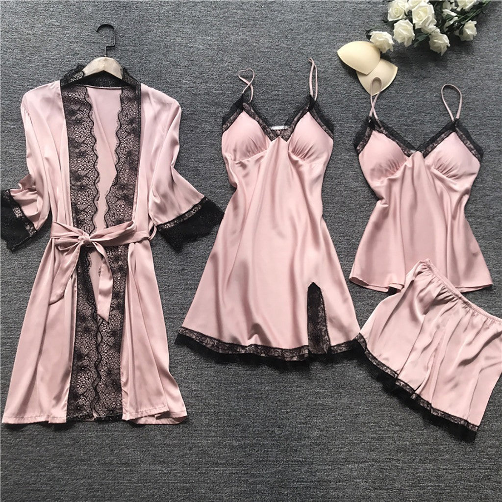 Luna Pearl Satin 4-Piece Sleepwear Set