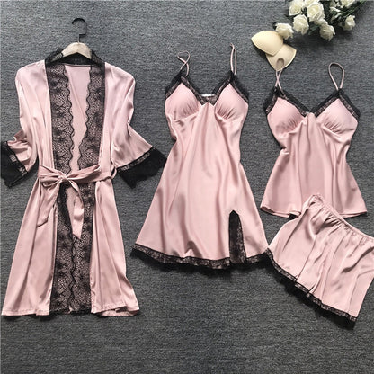 Luna Pearl Satin 4-Piece Sleepwear Set
