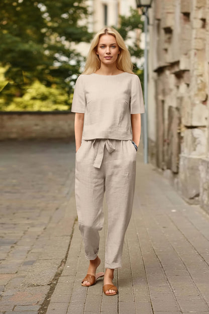 Women Cotton Linen Summer Set – Oversized Top & Wide Leg Pant