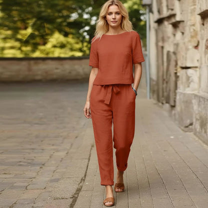 Women Cotton Linen Summer Set – Oversized Top & Wide Leg Pant