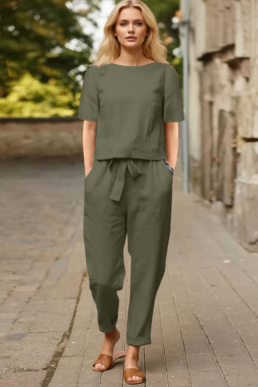 Women Cotton Linen Summer Set – Oversized Top & Wide Leg Pant