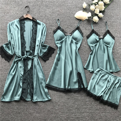 Luna Pearl Satin 4-Piece Sleepwear Set
