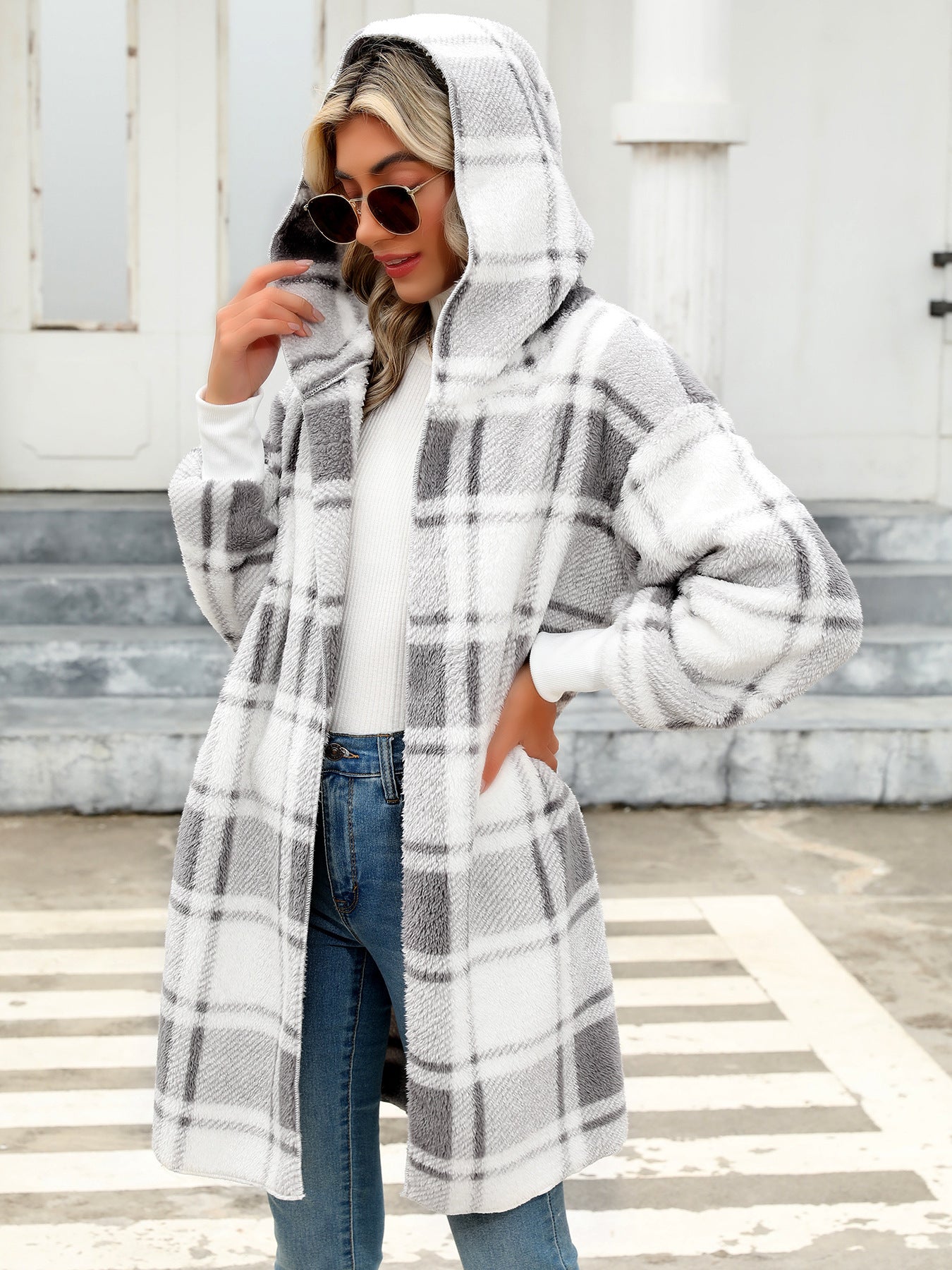 Cozy Plaid Hooded Sherpa Cardigan