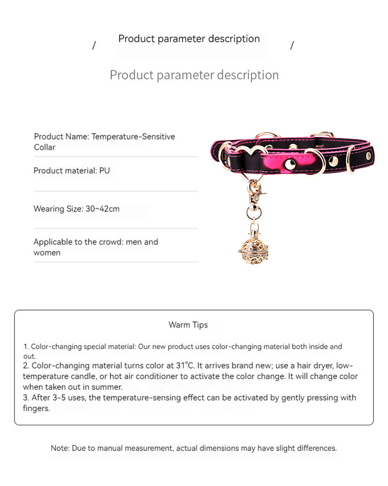 Temperature-Activated Color-Changing Heart Bell Leather Choker