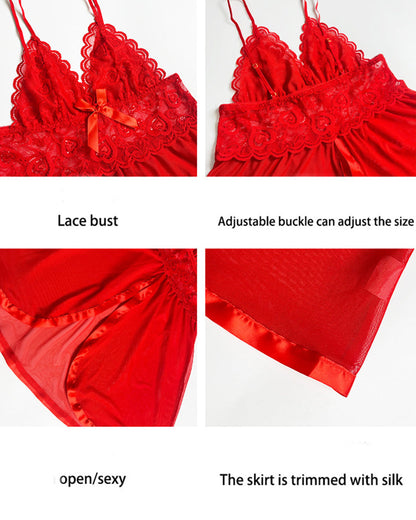 Contrast Lace Bow Decor Mesh Slip Dress