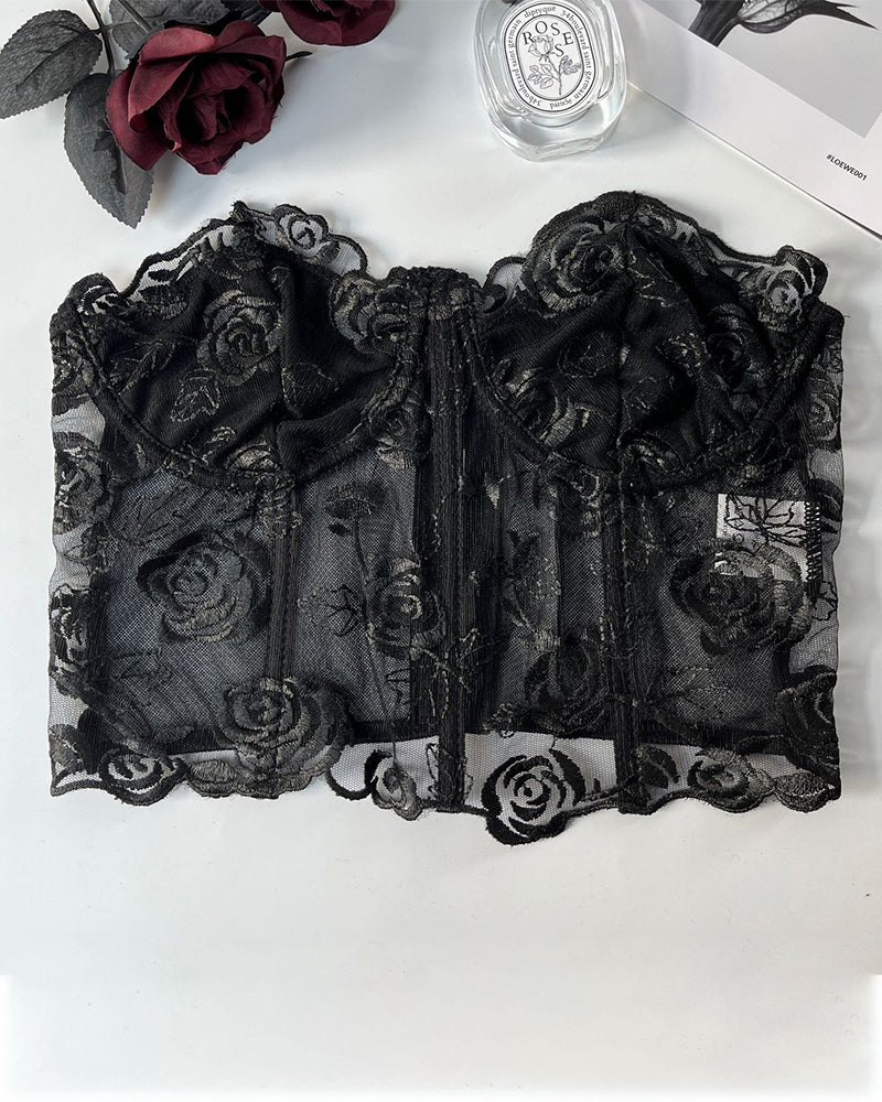 Floral Strapless Tube Top Boned Mesh Bustier