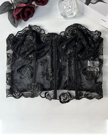 Floral Strapless Tube Top Boned Mesh Bustier