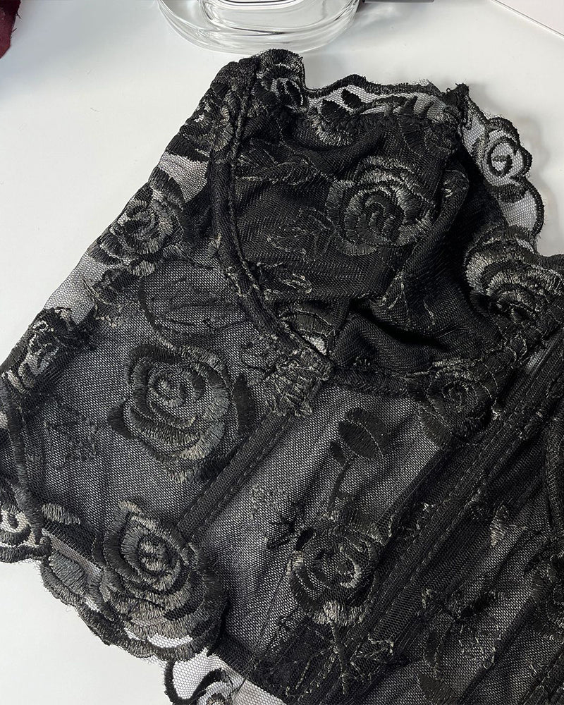 Floral Strapless Tube Top Boned Mesh Bustier