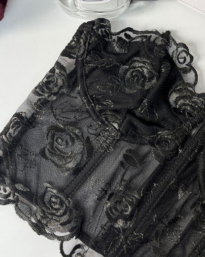 Floral Strapless Tube Top Boned Mesh Bustier
