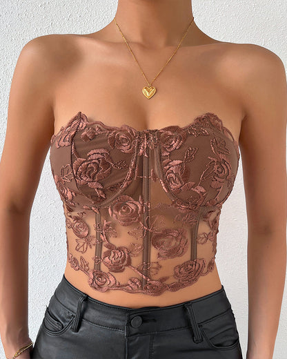 Floral Strapless Tube Top Boned Mesh Bustier