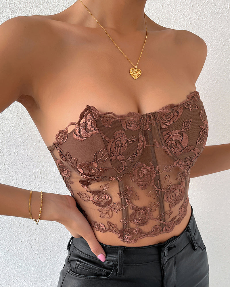Floral Strapless Tube Top Boned Mesh Bustier