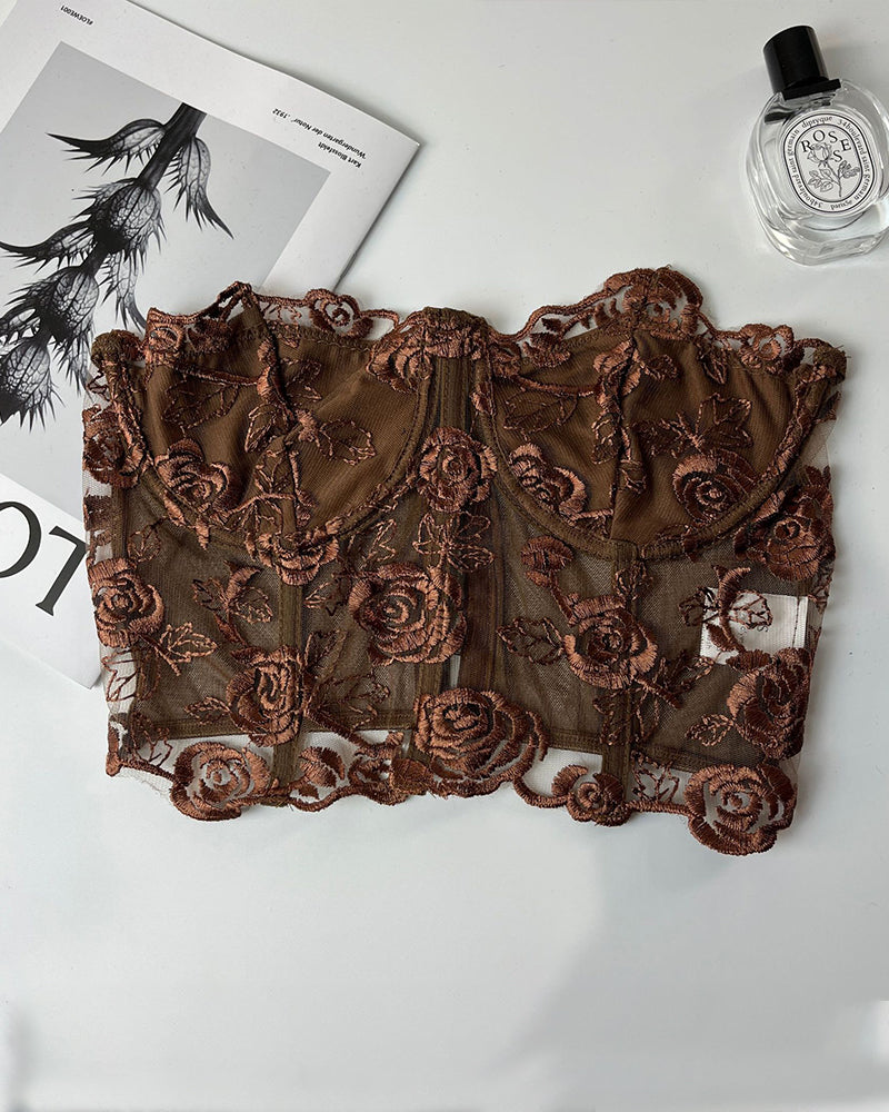 Floral Strapless Tube Top Boned Mesh Bustier