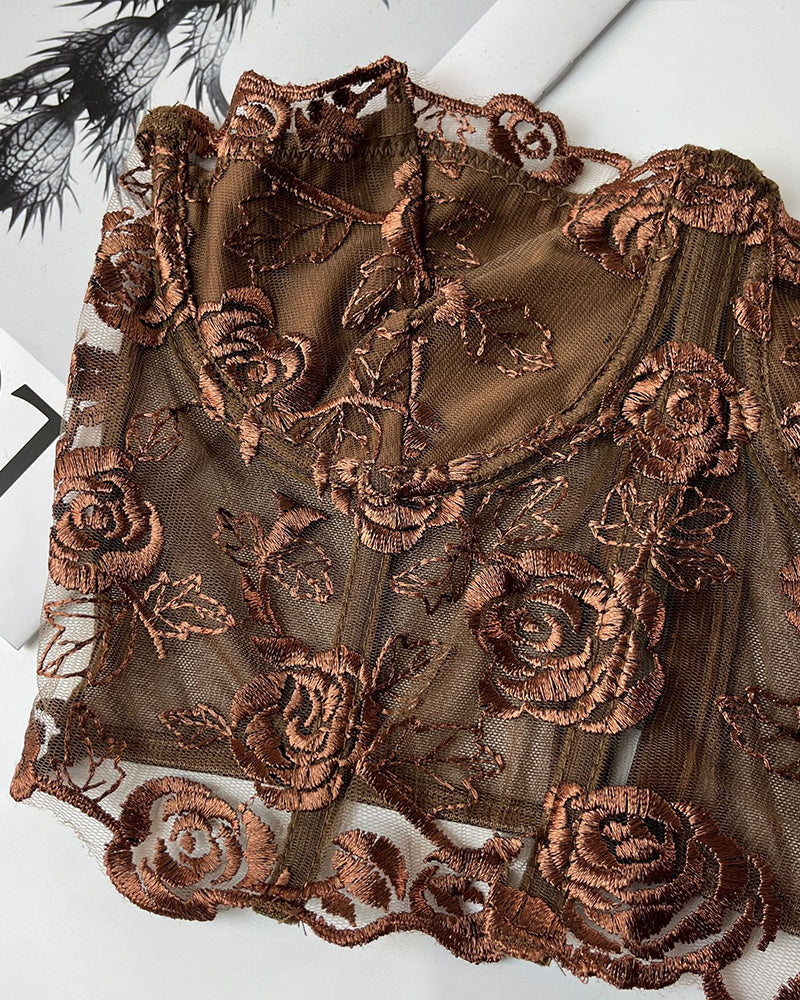 Floral Strapless Tube Top Boned Mesh Bustier