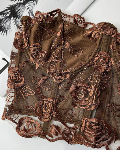 Floral Strapless Tube Top Boned Mesh Bustier