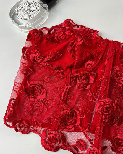 Floral Strapless Tube Top Boned Mesh Bustier