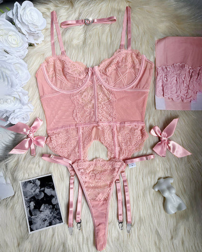 Floral Lace Corset Lingerie Set with Stockings