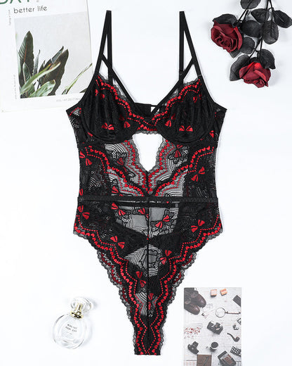 Embroidery Bow Cutout Lace Bodysuit