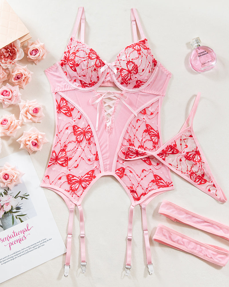 Butterfly Embroidered Lace Cross Straps Bra Set