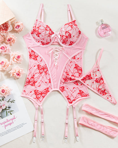Butterfly Embroidered Lace Cross Straps Bra Set