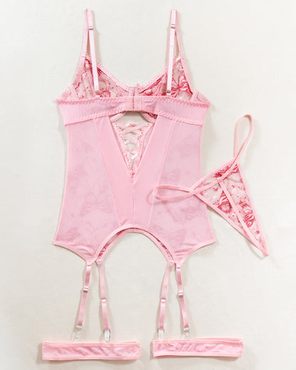 Butterfly Embroidered Lace Cross Straps Bra Set