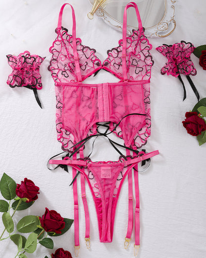 Thin Strappy Heart Embroidered Bra Sets