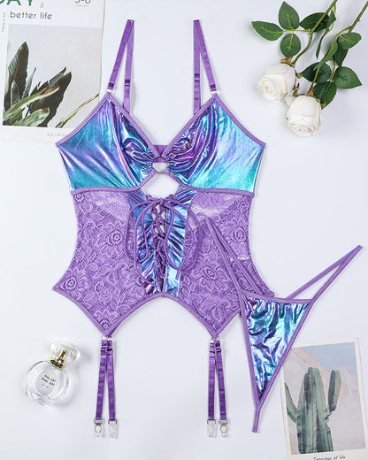 Flash Gradient Laser Cross Tie Waist Lingerie Sets