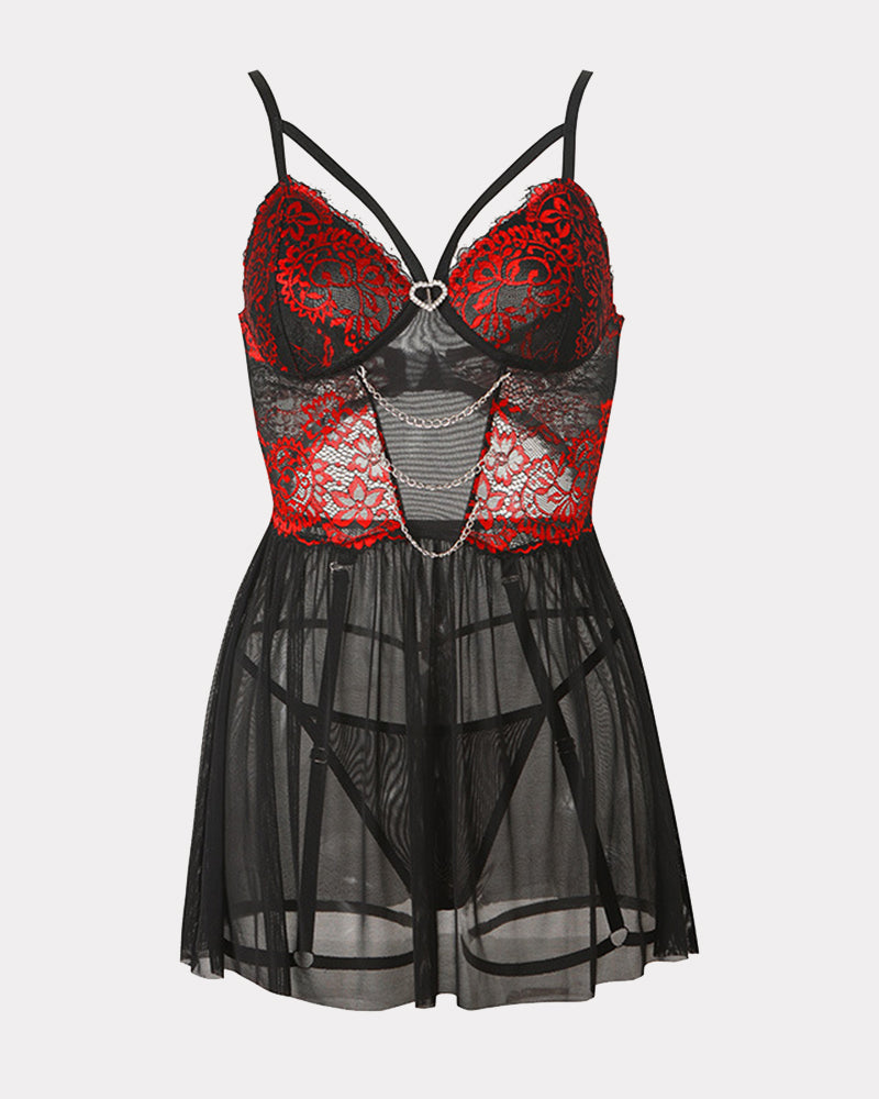 Lace Babydoll Chain Push Up with Garter Belt