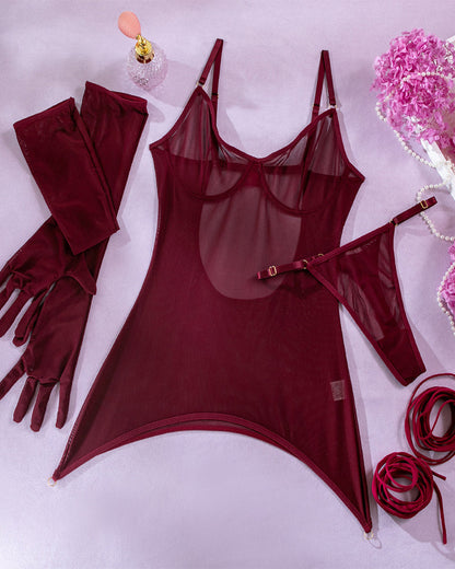 Mesh Straps Bodycon Dress with Gloves