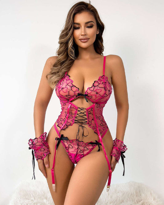 Heart Embroidered Sheer Corset Sets