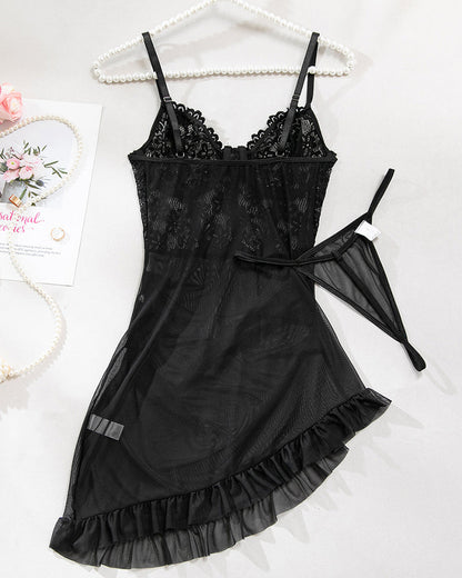 Floral Embroidery Mesh Lingerie Set