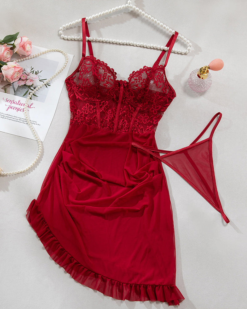 Floral Embroidery Mesh Lingerie Set