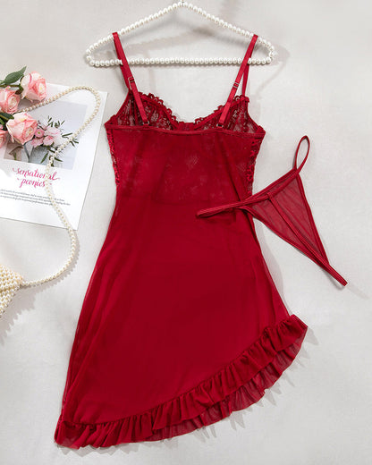 Floral Embroidery Mesh Lingerie Set