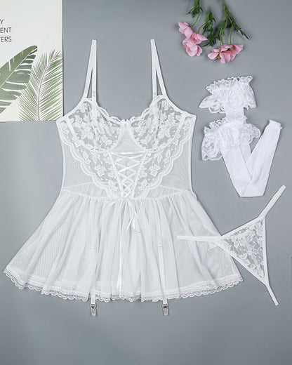 Floral Lace Mesh Babydoll Slip Dress + Stockings