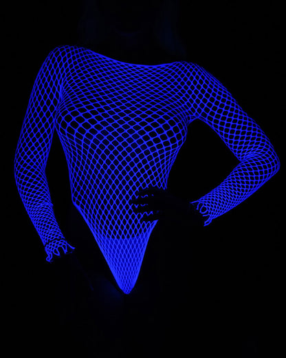 Luminous Blue Long Sleeve Fishnet Bodysuits