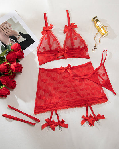 Red Heart Mesh Skirt Set