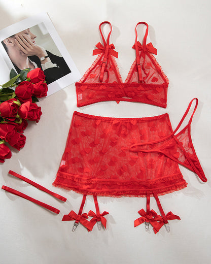 Red Heart Mesh Skirt Set