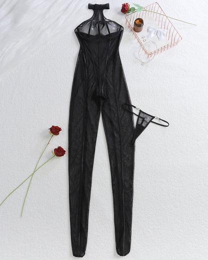 Vertical Striped Sheer Halter Bodysuit